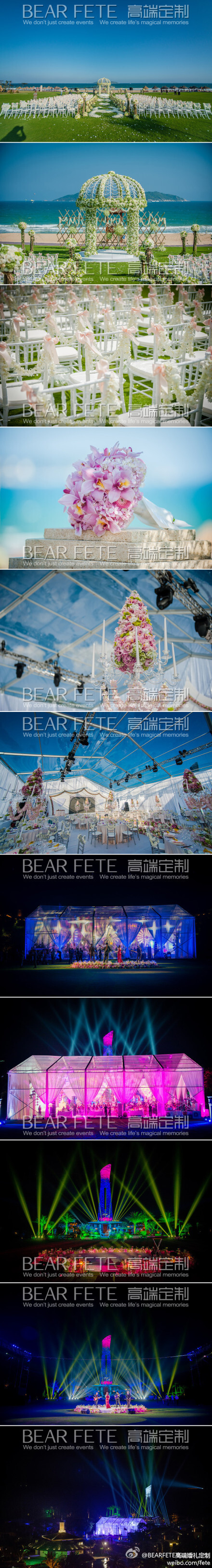 #BEARFETE作品# 三亚海边夕阳余晖下的户外仪式，结合自然的光线，椰林树影碧海蓝天的壮阔美景，爱情面朝大海春暖花开。在草坪上搭建的透明帐篷让宾朋拥有360度无障碍通透视野，欣赏第二段仪式的同时饱览周边景色。奇幻灯光的染色，为场景增添瑰丽。新人第一支舞后送给大家的烟火，引爆整晚气氛制高点。