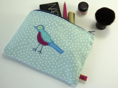 EMILY Pencilcase / Make-up Bag - Canvas Zippy Bird Applique Pouch, aqua &amp; white polka dot, aqua geo print and pink bird