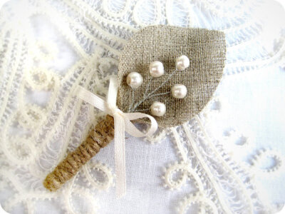 Burlap Groom's Boutonniere for Wedding Rustic Bout with white pearls