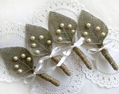 Set of 4-Ivory sprig pearl burlap Boutonniere