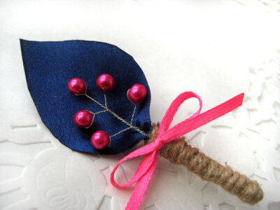 Groom's Boutonniere for Wedding Rustic Bout with Raspberry Pink pearls-NAVY BLUE &amp; Raspberry Pink