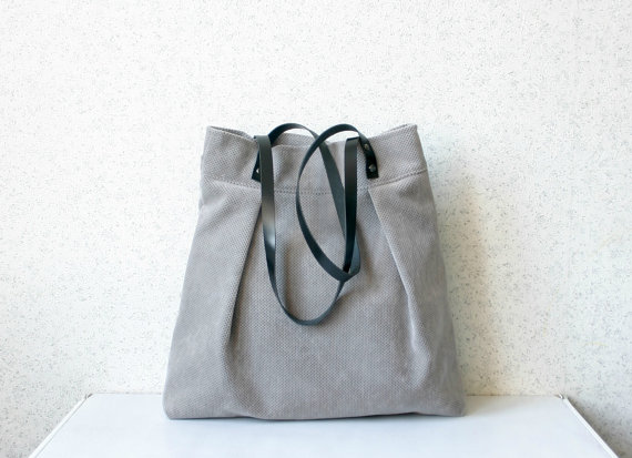 Large Stylish Tote bag Leather straps Handbag Fall Fashion Upholstery Canvas Grey Soft