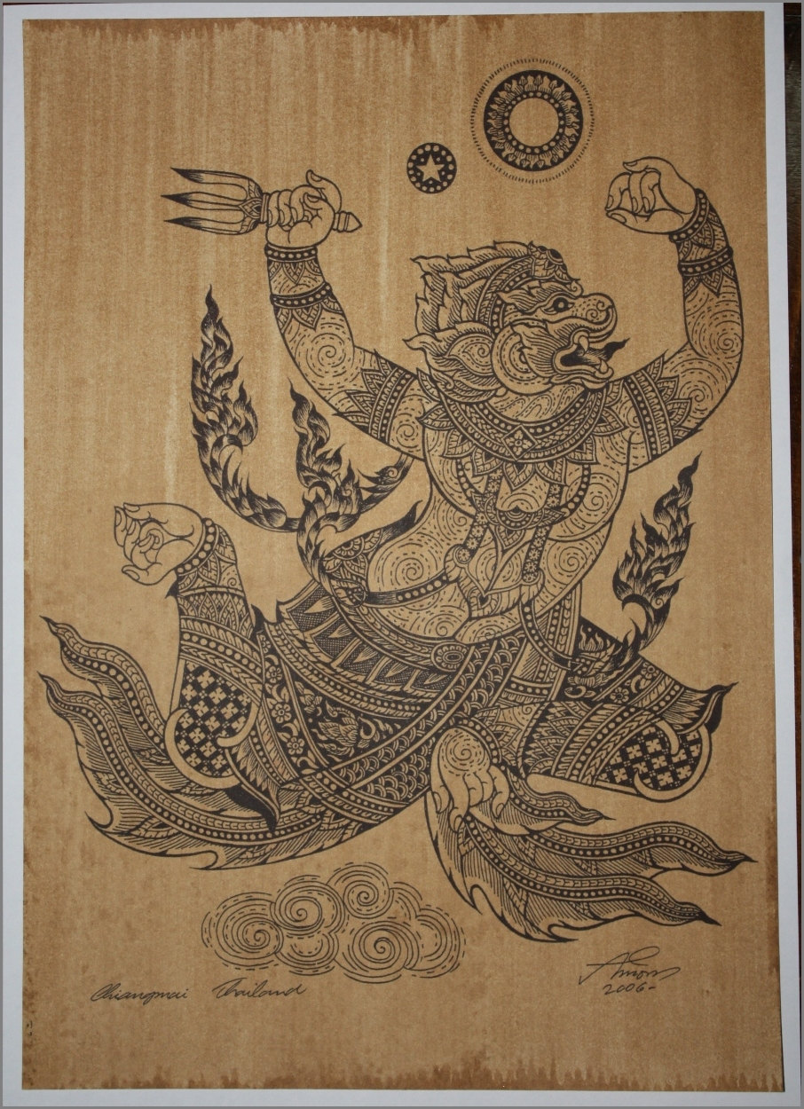 thai traditional art of hanuman by silkscreen printing on sepia
