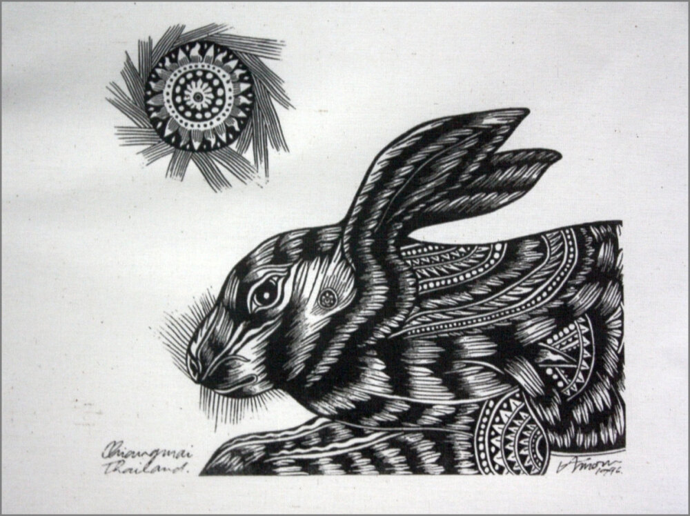 Thai traditional art of Rabbit by silkscreen printing on Natural colors cloth.