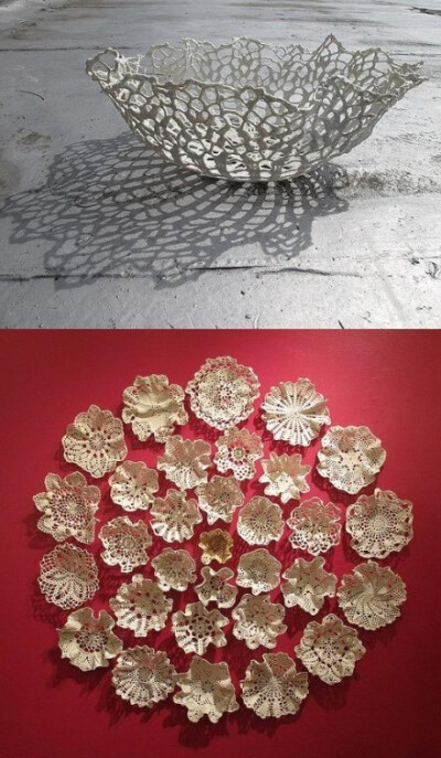 陶瓷艺术家Kristen Wickhund将棉线钩织成的蕾丝浸入瓷浆中，再放入模具进行烘烤，高温下棉线骨架自然消失，从而形成了这些个美丽的钩花瓷~
