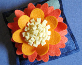 Pincushion Wool Felt Flower Orange Cobalt Blue Pale Yellow Pin Cushion