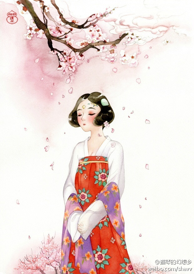 #手绘水彩#杏花花蒂是深红的，骨朵是红粉的，开了却变白了，画小品合适，远看也很有樱花树丛的感觉，就是不远不近不太好画， 之前手机拍的照片都说好看，但实际上差别还是比较大的……另外也挺怕色差的，我在别的机子上看到好浓艳，红色裙都成一整坨了