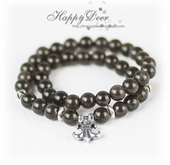 【Chrome Hearts】天然彩眼冰种黑曜石 925纯银克罗心双圈手链