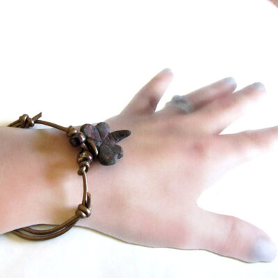 Adjustable Leather Wrap Bracelet Copper Raku Pottery Beaded Dragonfly Charm Bracelet