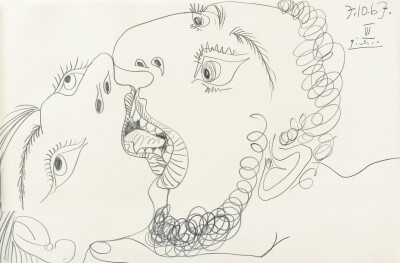 Pablo Picasso (Spanish, 1881-1973), Le baiser, 7th October 1967. Pencil on paper, 32.5 x 50.4 cm.
