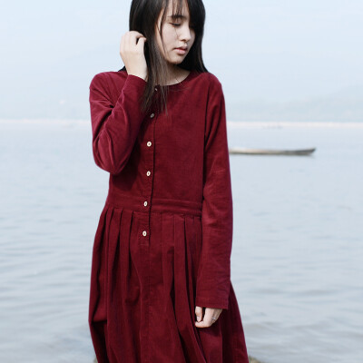 鱼岛主人Q文艺复古灯芯绒长裙