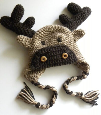 PATTERN Moose or Reindeer Crochet Hat, such a cute idea for a little kid