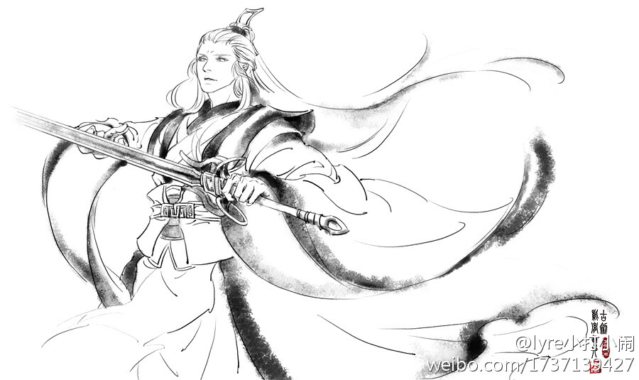 #古剑#师尊，上个线稿，本来想画拔剑出鞘的，等线稿打得差不多了才发觉。。。。师尊为神马你们的剑都木有剑鞘啊昂昂昂你来解释一下好么？？临时改成了捋剑，于是bug就是。。。师尊变成使左手剑的了。。扶额