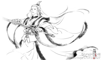 #古剑#师尊，上个线稿，本来想画拔剑出鞘的，等线稿打得差不多了才发觉。。。。师尊为神马你们的剑都木有剑鞘啊昂昂昂你来解释一下好么？？临时改成了捋剑，于是bug就是。。。师尊变成使左手剑的了。。扶额