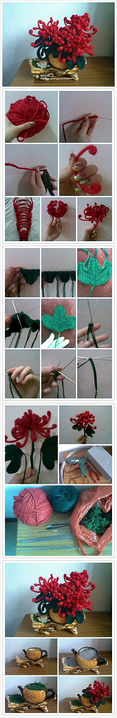 《秋葵》针织花卉的制作图解。