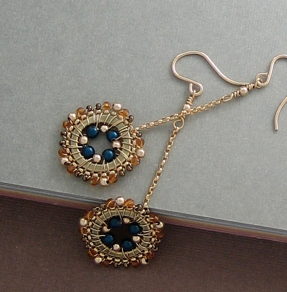 Drop Dangle Beadwork Earrings In Gold, Topaz, Brown and Deep Teal, Jewelry, Wedding