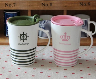 日式杂货 带盖马克杯 清新海洋系列 陶瓷杯 水杯 创意礼品