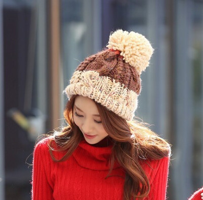 正品韩国代购 甜美可爱配色休闲保暖拼色帽子 毛球毛线帽针织帽子