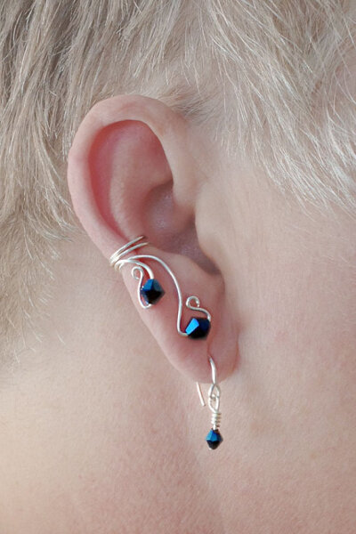 Midnight Blue Ear Cuff Pair, Crystal Accents Choice of Wire