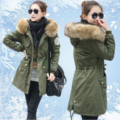 韩版冬装中长款大码军绿色毛领加厚棉袄外套9382
