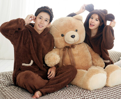 新款2013 秋冬男女珊瑚绒睡衣 卡通森林熊羊糕绒情侣家居服睡衣冬