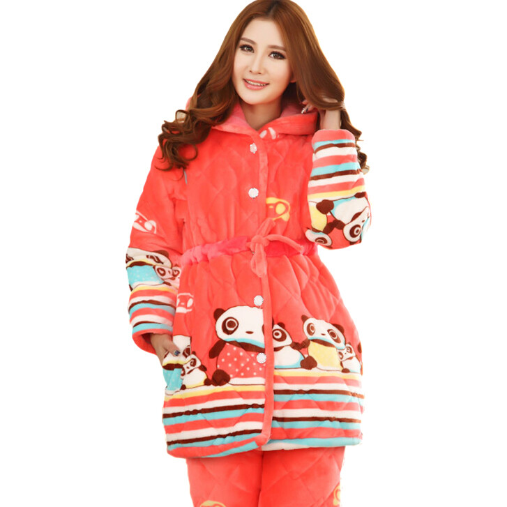 法兰绒夹棉熊仔睡衣靓舒帛新款秋冬季可爱卡通棉女长袖家居服包邮