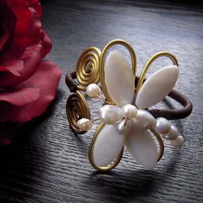 White Dragonfly Cuff Brass Bracelet Shell MOP Pearl Wax Cotton Bangle