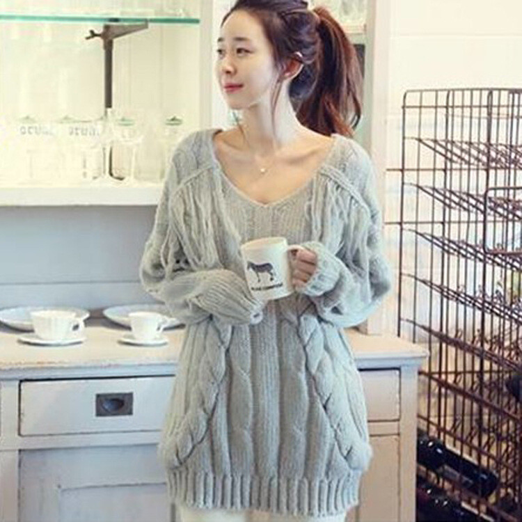 13秋冬新款韩版女装 甜美交叉麻花羊毛编织V领宽松套头毛衣#217