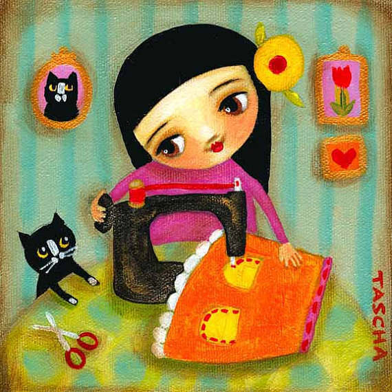 sewing girl seamstress with tuxedo cat PRINT of original painting by tascha