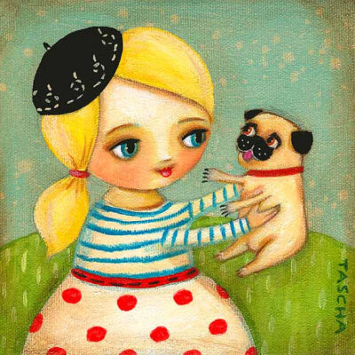 FRENCH girl and PUG dog in Paris PRINT of original painting by tascha