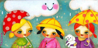 Rainy Day Friends BICHON white dog cute nursery room folk art PRINT of painting by tascha