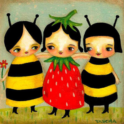 Sweet STRAWBERRY girl and BEE friends summertime PRINT of painting by tascha