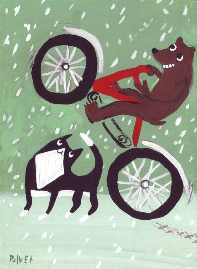 Bear Pops a Wheelie Over Tuxedo Cat in Snow Painting - Original Red Bike Folk Art - Animal Painting