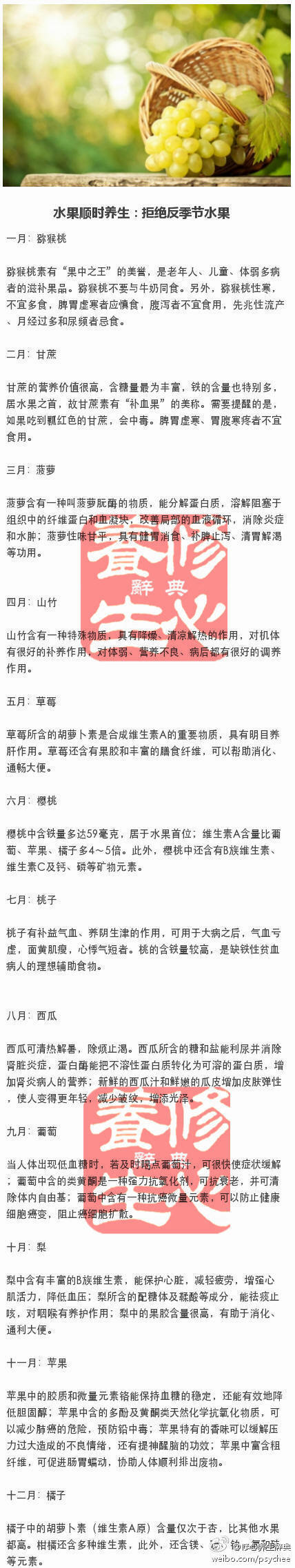 【水果顺时养生：拒绝反季节水果】中医讲究顺时养生，在适当的季节做适当的事，吃适当的食物。远离反季节水果很简单，就是吃应季的。当季的水果，不仅新鲜，营养也更加丰富。