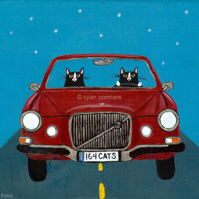 164 Volvo Road Trip Cats Folk Art Digital Print