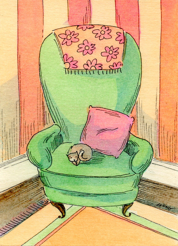 Original ACEO Painting -- Green chair nap