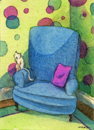 Original ACEO Painting -- Sitting on the blue chair