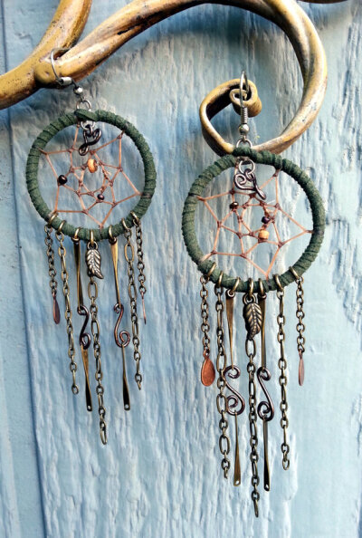 Dreamcatcher Dangle Earrings with chain and leather Free Shipping!