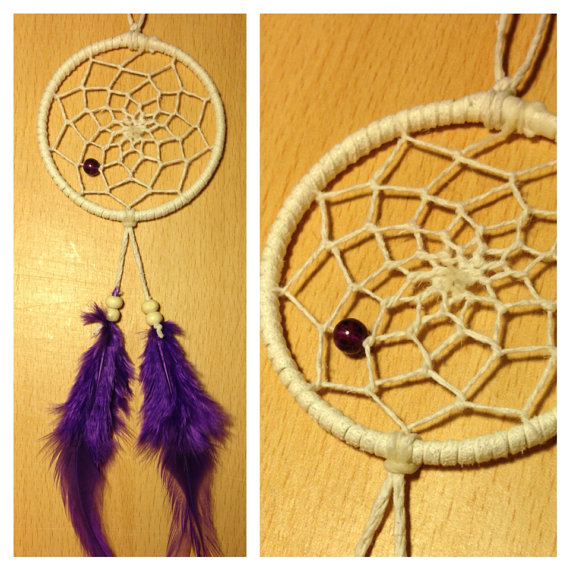 White suede dream catcher with purple feathers, white web and &amp; purple glass bead finish 7cm diameter dreamcatcher hand made