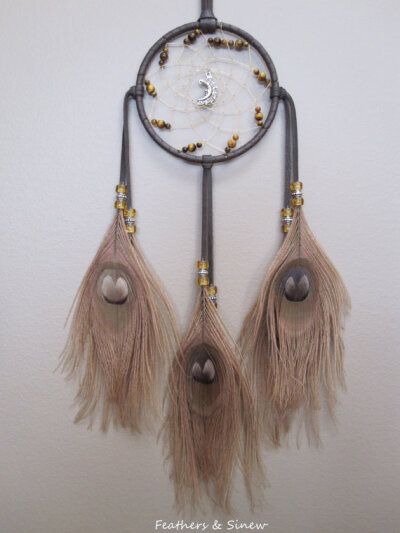 Dream Catcher Chocolate Brown Deerskin with Mocha Peacock Eye Feathers