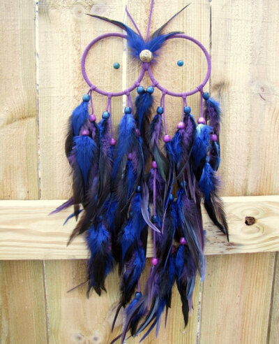 Owl Dream Catcher - Blue and Purple Extra Large Feather Dream Catcher - Night Owl