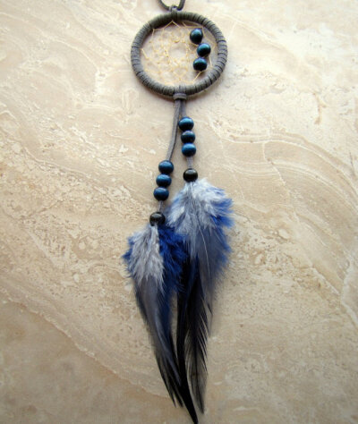 Dream Catcher - Car Dream Catcher, Blue and Gray Feather Dreamcatcher