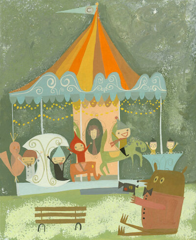 Rupert with his super 8 camera, captures Leonard and friends riding the merry go round in Central Park. 11x14 print by Matte Stephens.