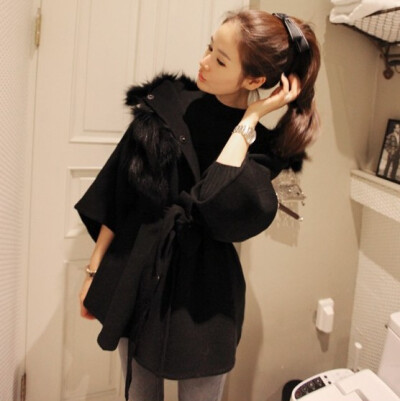 [lulu-shop]韩国进口partysu系腰带七分袖连帽毛领羊毛呢斗篷外套