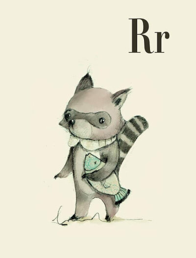 R for Raccoon Alphabet animal, Print 4x6 inches