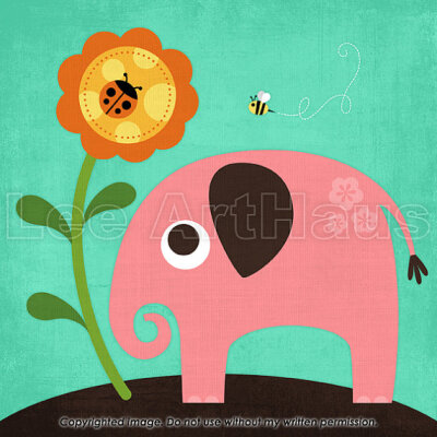 136B Bright Pink Elephant with Flower 6x6 Print