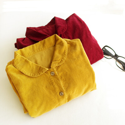 「熊小团」叙旧光阴。复古灯芯绒彼得潘圆领系扣连衣裙中长裙长袖