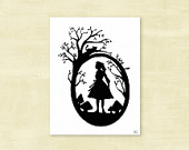 Alice Silhouette - Paper Cut Silhouette Print - Original Art - Cheshire Cat - Wonderland - Alice In Wonderland Print