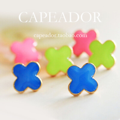 【CAPEADOR】 韩国 甜美糖果色 滴油 彩色可爱四叶草 耳钉