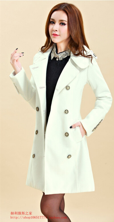 2013秋冬新款女装韩版中长款双排扣立领白色钮扣毛呢大衣 包邮